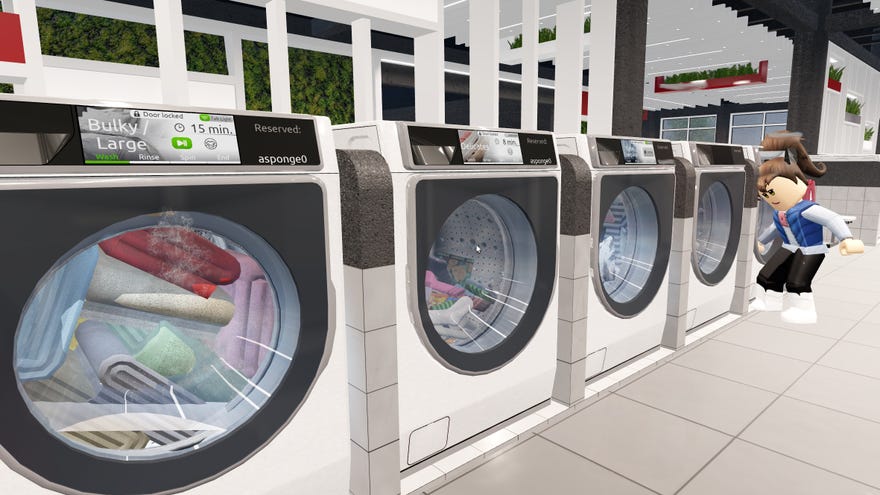 Doing laundry in a screenshot of the Roblox game Washware.
