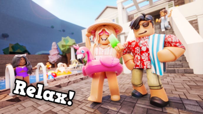 A pair of Roblox characters in beachwear pose by a poolside, looking happy. The caption reads "Relax"!