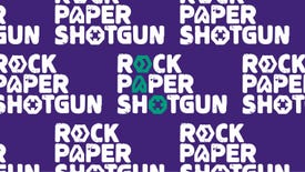 The Rock Paper Shotgun logo repeated multiple times on a purple background