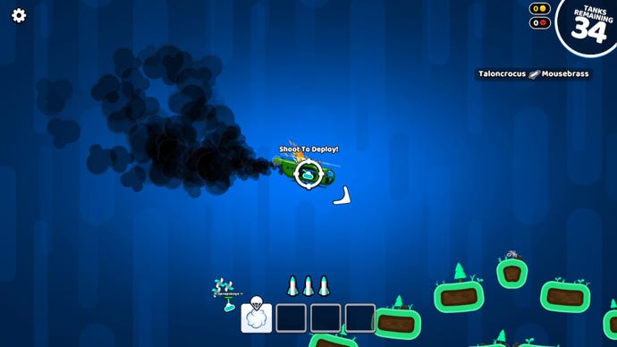 The helicopter at the start of each match of Rocket Bot Royale flies over the map, allowing players to shoot themselves down onto the terrain below.