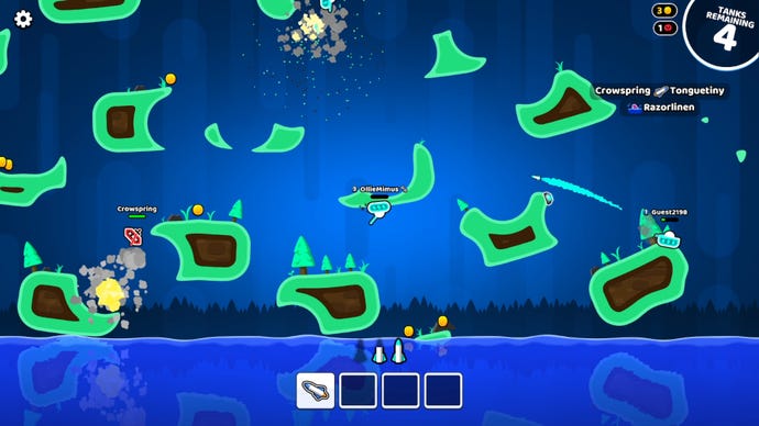 The player in Rocket Bot Royale hides on the underside of a piece of terrain near the water to avoid a rocket from an enemy to the right.