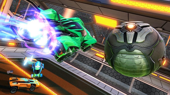 Rocket League screenshot of the game with a car and ball