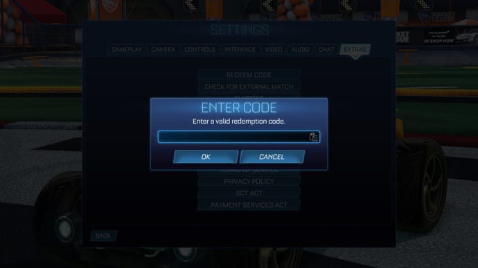 A screenshot of the Rocket League settings menu where you can go to redeem Rocket League codes.