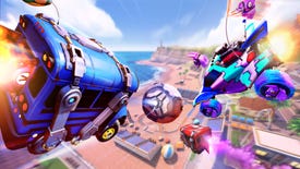 The Fortnite battle bus and Rocket League cars fly towards the stadium in art promoting Rocket League's Llama-Rama event.