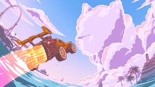 Orange Rocket League car flying into the sky