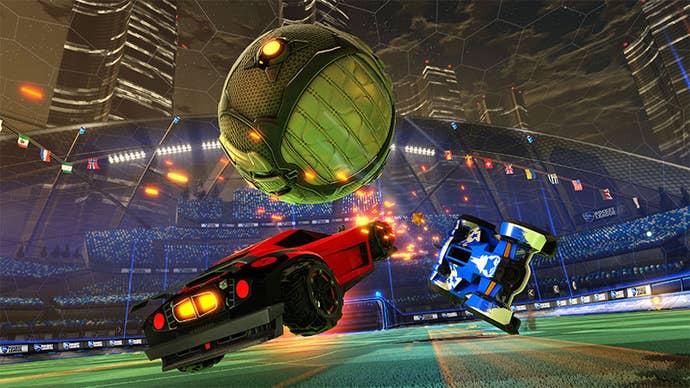 Two players chase the ball in Rocket League