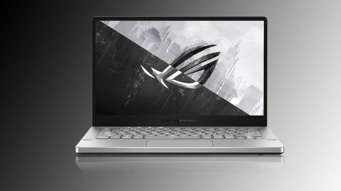 Image of an ASUS Rog Zephyrus G14 laptop on a black to silver gradient background