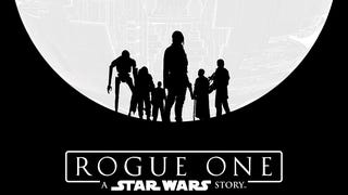 Poster of Rogue One featuring the cast of characters siloutted against a bright Death STar