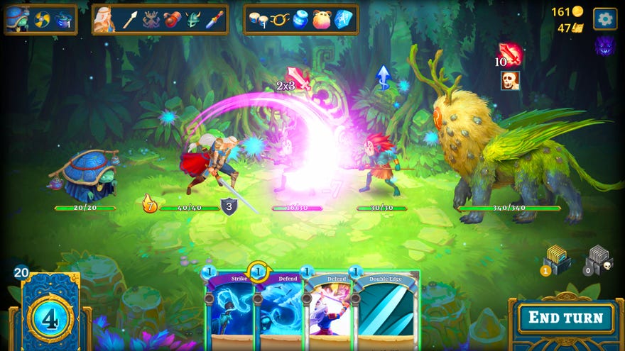 A screenshot of CCG Roguebook showing a 2D side-on perspective battle between a turtle lady, swordswoman, a big furry beast and two small goblins.