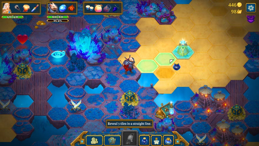 Roguebook - The player stands on an explorable grid of hex tiles, waiting to use an ability that will reveal the three tiles in a line in front of them.