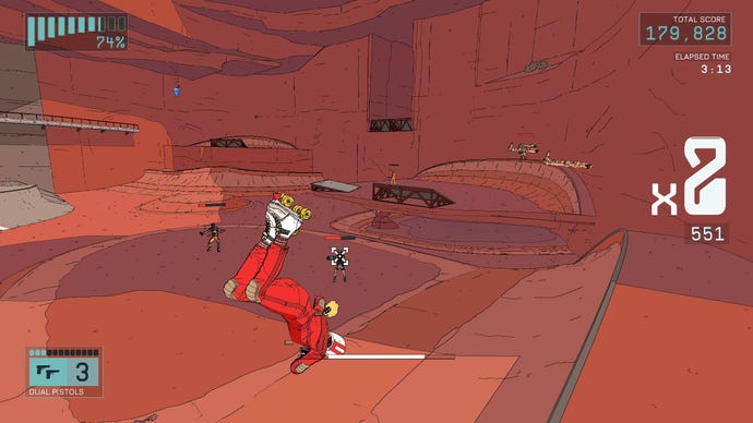 A woman in a red jump suit performs a skate trick while firing at robots in a red canyon scene in Rollerdome
