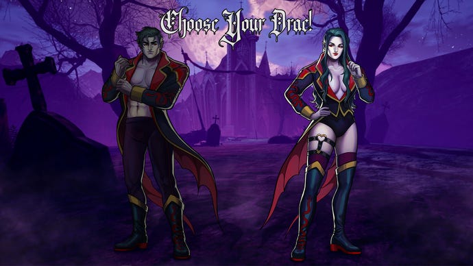 The character selection screen in Romancelvania, showing a shirtless male Drac and an only slightly less shirtless female Drac against the background of a looming gothic castle and grim purple sky.