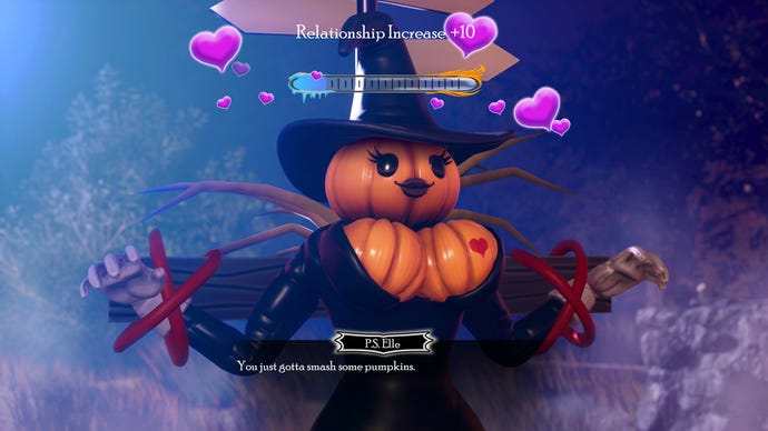 P.S. Elle, the distressingly decolletaged pumpkin lady, flirts with the player in Romancelvania.