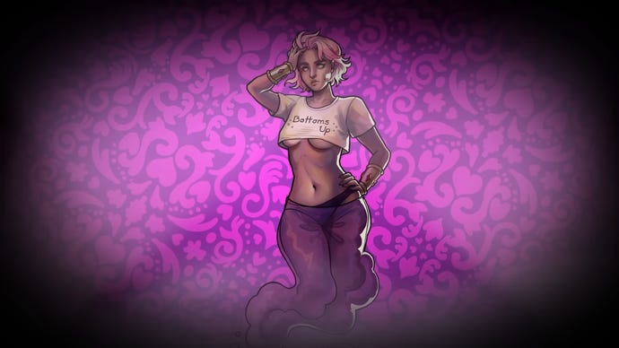 Character art for the dateable option Vess in Romancelvania. She's purple-haired genie in a revealing cut-off t-shirt and with legs that disappear into a wisp of smoke.