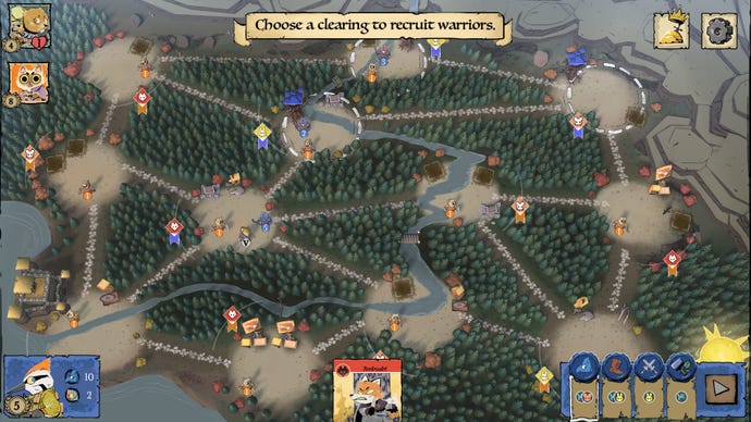 A screenshot of the woodland map in Root, with a network of clearings where the player can recruit warriors