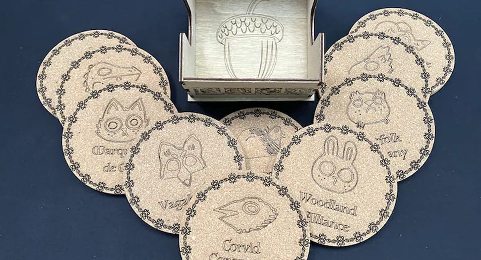 An image of Root-themed drink coasters.