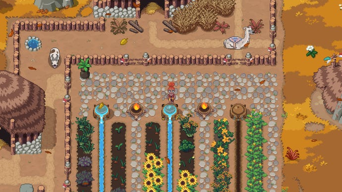 A women from the stone age waters her garden in Roots Of Pacha