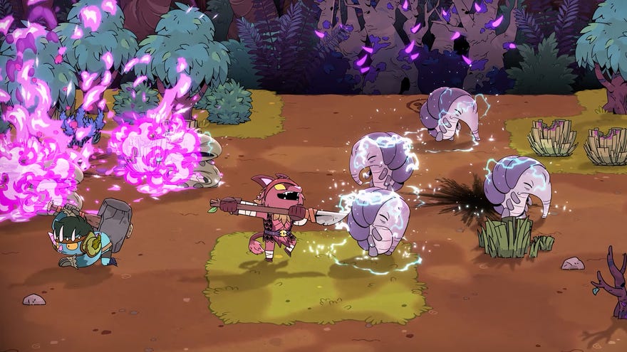 Anthropomorphic animals engage in colourful combat in a Rotwood screenshot.