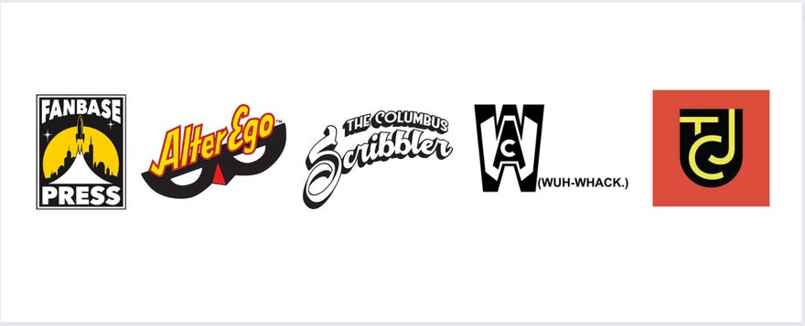 An image compiling the logos of Fanbase Press, Alter Ego, The Columbus Scribbler, WWAC, and tcj.com