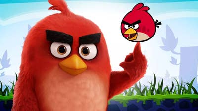 An image of the modern Angry Birds version of Red balancing the original Red on his wing/finger