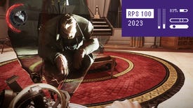 A hunched man appears in shards of glass, surrounded by plush ballroom scenery in Dishonored 2