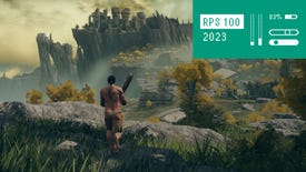 A naked man runs through a grassy fantasy landscape in Elden Ring, with the RPS 100 logo in the top right corner