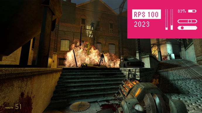 Several bodies burn on a pyre in Ravenholm in Half-Life 2. The RPS 100 logo sits in the top right corner.