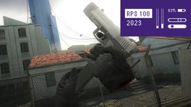 A gun is reloaded in a grey, urban landscape in Half Life 2's fan VR mod, with the RPS 100 logo in the top right corner.