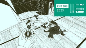 A skeleton lies on the deck of a ship while the player holds out a stopwatch in Return Of The Obra Dinn, with the RPS 100 logo in the top right corner