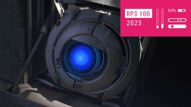 A close-up of companion sphere Wheatley from Portal 2, with the RPS 100 logo in the top right corner