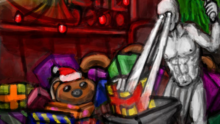 A section from the illustration of this year's advent calendar, showing Horace the endless bear coiled up in a heap of presents while an Alabaster Titan hammers a new present into shape on an anvil