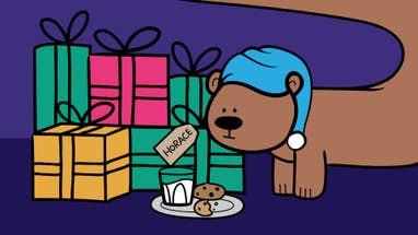 A close up of Horace the Endless Bear looking at a big pile of presents with his name on, next to a plate of cookies with a glass of milk. It's the 2023 RPS Advent Calendar!