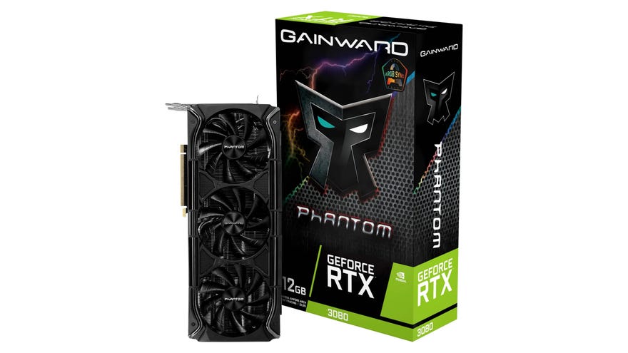 rtx 3080 of a gainward phantom variety, with three fans and a spooky box.