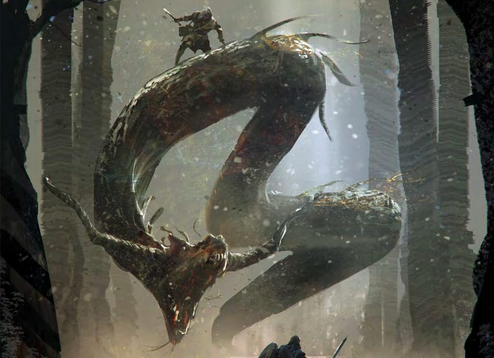 Two characters attempt to wrangle a lindworm in Ruins of Symbaroum, a 5E-compatible adaptation of the Free League's dark fantasy RPG.