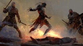 Two warriors fight a monstrous humanoid while a third lays on the ground. Art from Ruins Of Symbaroum's Adventure Compendium.