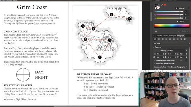Designer Spencer Campbell explains the exploration phase of his solo RPG Rune while showing two pages from the text. One has a map and legend while the other explains the points of interest