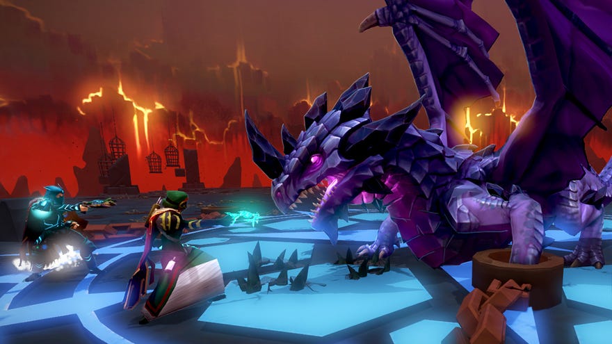 Gamers fight a purple dragon in MMO RuneScape