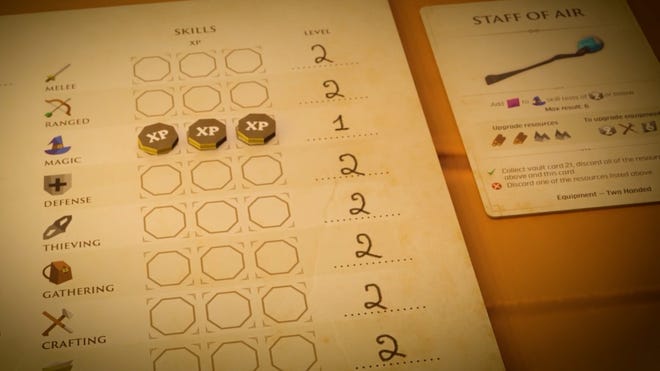 A player character sheet from RuneScape Kingdoms: Shadow of Elvarg board game