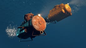 Rust - An underwater shot of a small player-driven submarine with a larger one in the background.