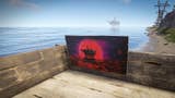 A view from a wooden platform overlooking the sea in the game Rust. In the distance is an oil rig - the the same oil rig that has been painted onto a board in the foreground of the image. In the painting, the oil rig is silhouetted against a deep red sun that's dipping into the sea behind it. In 'reality', we see the oil rig in daylight. It's a striking painting.