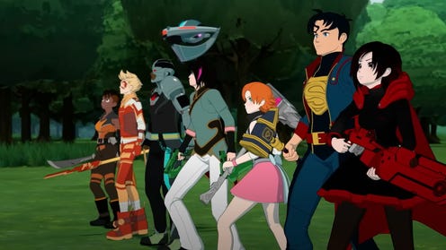 Still animated image of the RWBY and Justice League teams teaming up