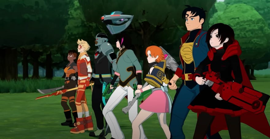 Still animated image of the RWBY and Justice League teams teaming up