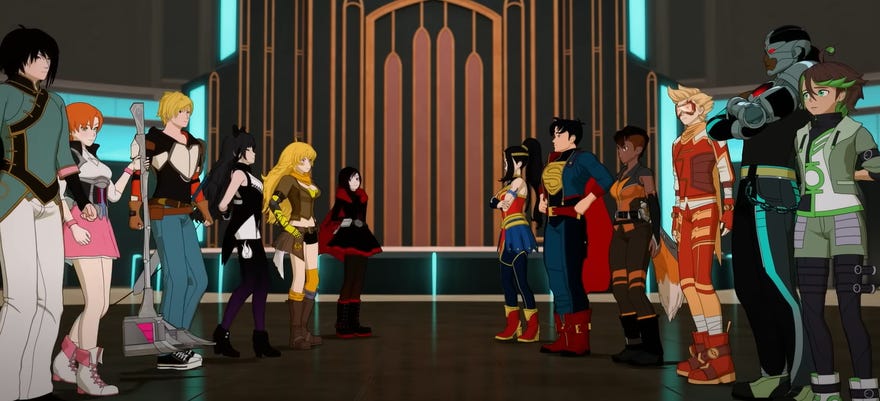 Still animated images featuring the RWBY team and Justice League team facing each other in a large hall