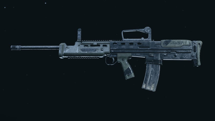 A screenshot of the SA87 LMG as it appears in the Call of Duty: Warzone Gunsmith.