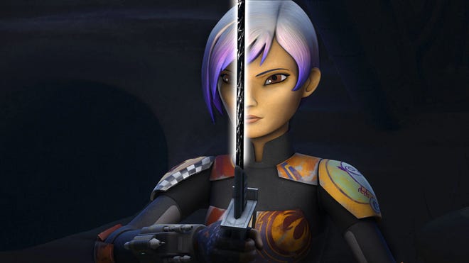 Sabine wielding the Darksaber in Star Wars: Rebels