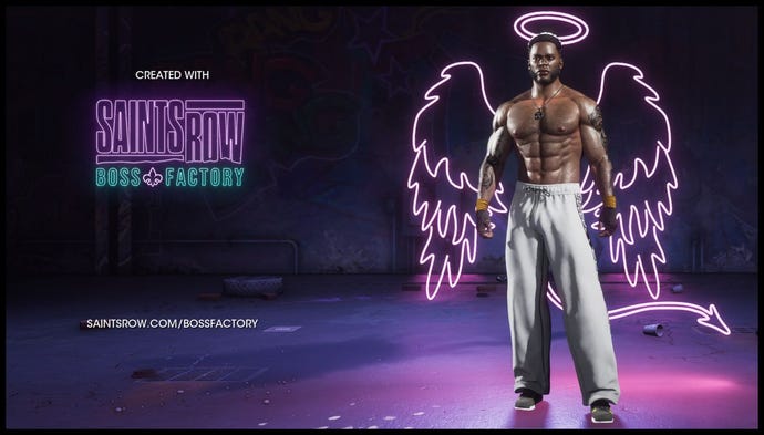 A boss in the Saints Row Boss Factory: a black man wearing grey jogging bottoms and no top, with tribal tattoos on his arms