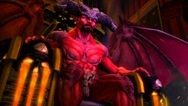 A topless and bearded Satan from Saints Row: Gat Out Of Hell sitting on a large throne
