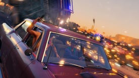 A screenshot from the reboot of Saints Row - two of the Saints are driving, with cops in pursuit. The passenger, Kevin, is firing backwards out of the window while one cop car is rolling in the air behind them