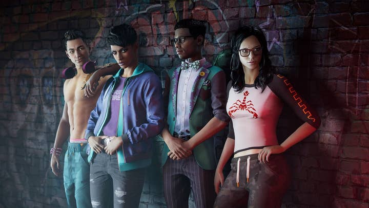 Four characters in front of a brick wall in Saints Row