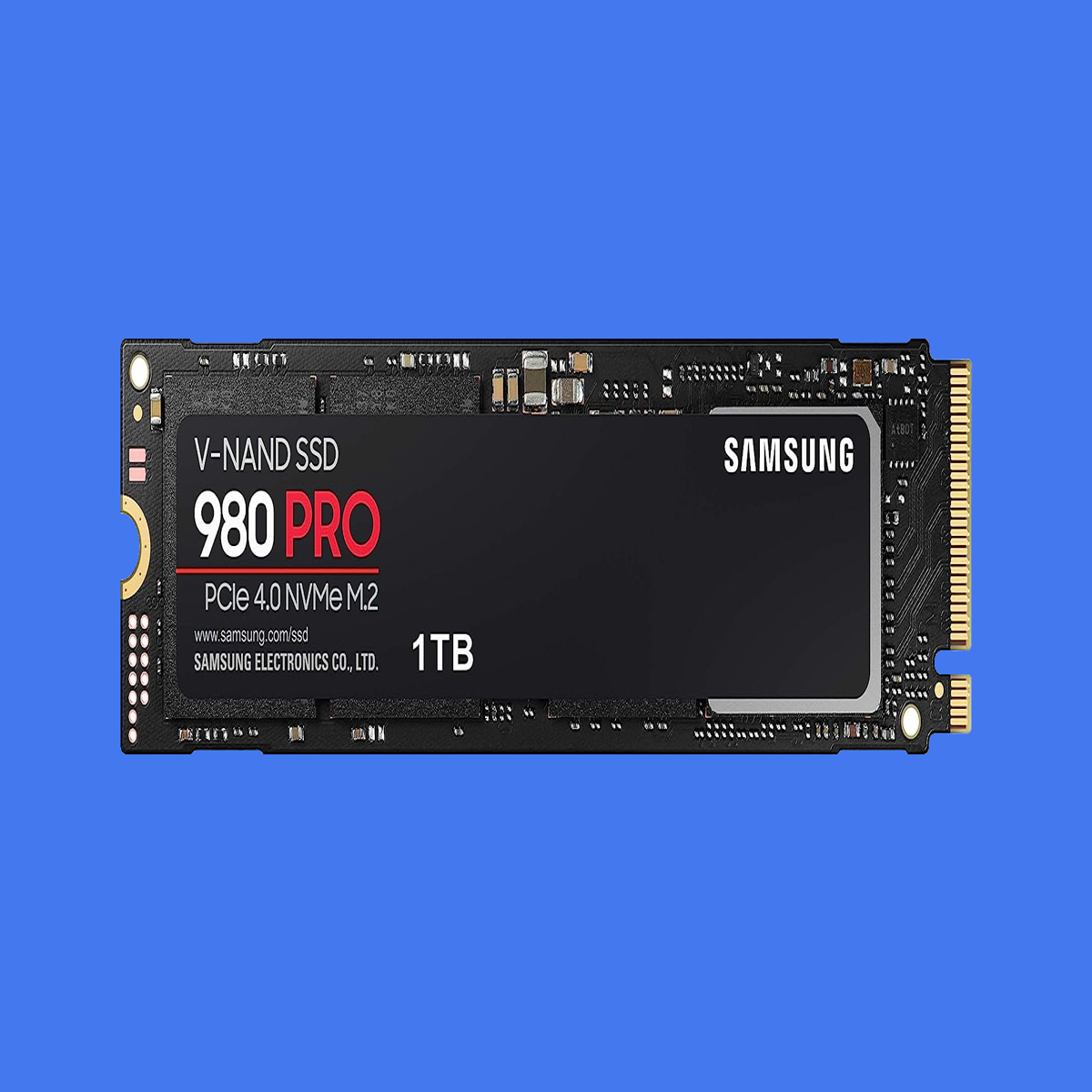 Samsung SSD 980 PRO PCle 4.0 NVMe M.2 on motherboard background